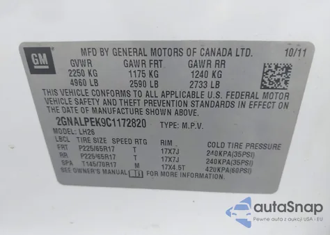 2012 Chevrolet Equinox 2Lt z USA, uszkodzony, nr VIN 2GNALPEK9C1172820